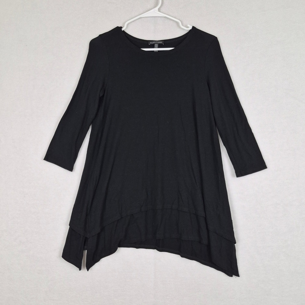 Eileen Fisher XXS Black Jersey Knit Layered Handkerchief Hem Tunic Top Lagenlook